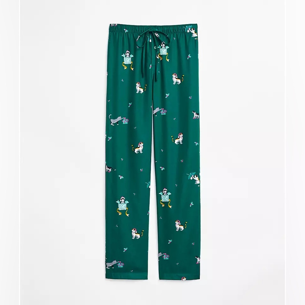 LOFT flannel kitten Cat Christmas pajamas Medium Green short sleeve pants button - Picture 2 of 16